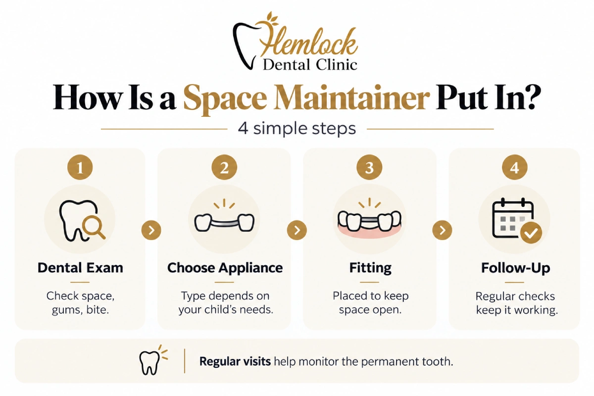Space Maintainers infographic showing how a space maintainer is put in through four steps: dental exam, choosing the appliance, fitting, and follow-up visits