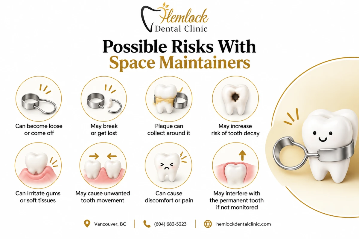 Possible Risks of Space Maintainers infographic showing common problems including loose appliances, breakage, plaque buildup, tooth decay, gum irritation, tooth movement, discomfort, and interference with permanent teeth