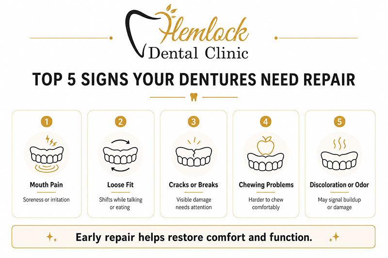 Top 5 signs your dentures need repair infographic showing mouth pain, loose fit, cracks or breaks, chewing problems, and discoloration or odor