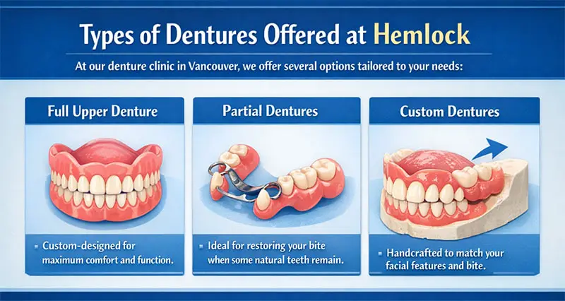 Affordable Dentures in Vancouver 3 Dentures Vancouver infographic showing full upper denture, partial dentures, and custom dentures offered at Hemlock Denture Clinic in Vancouver.