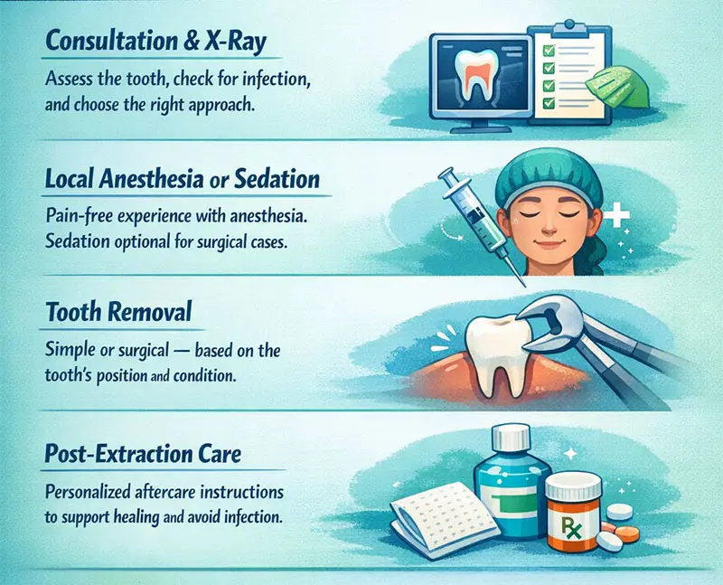 Tooth Extraction Wisdom Teeth Removal in Vancouver 1 Tooth extraction steps: consultation/X-ray, anesthesia or sedation, removal, aftercare, and emergency care.