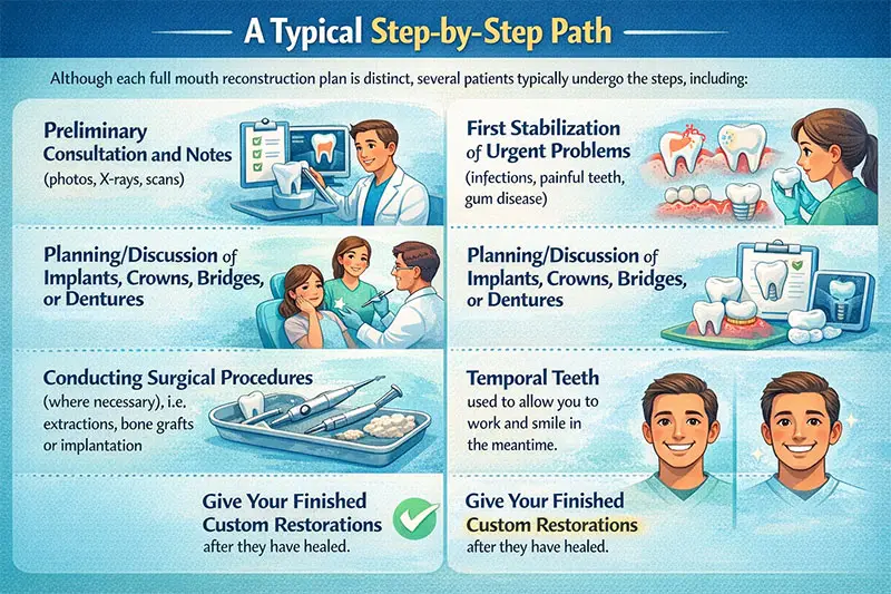 Full Mouth Reconstruction In Vancouver | Cost, Implants & Expert Care 1 Full-mouth reconstruction steps: consult/records, stabilize urgent issues, plan restorations, surgery if needed, temporary teeth, final restorations.