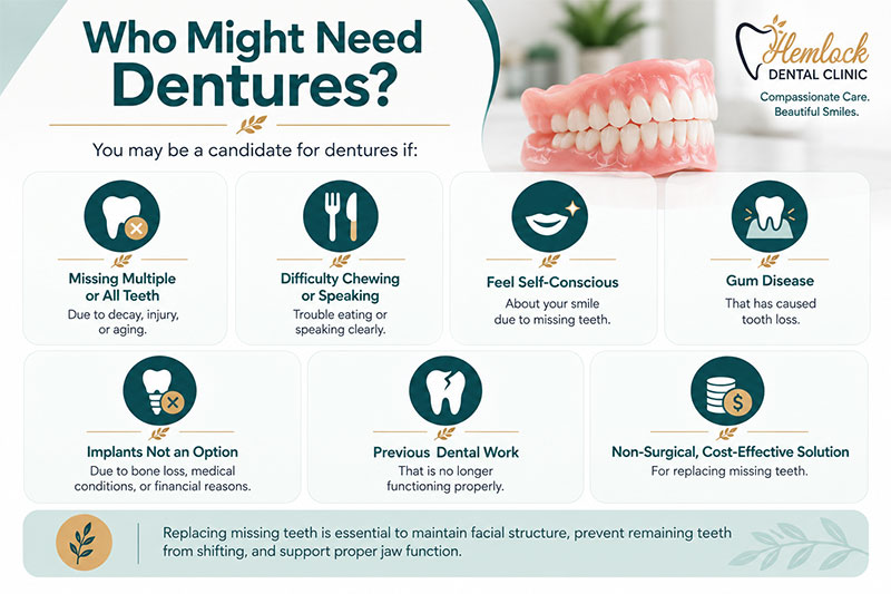 Who might need dentures infographic showing missing teeth, chewing or speaking difficulty, gum disease, implant limitations, and non-surgical tooth replacement options