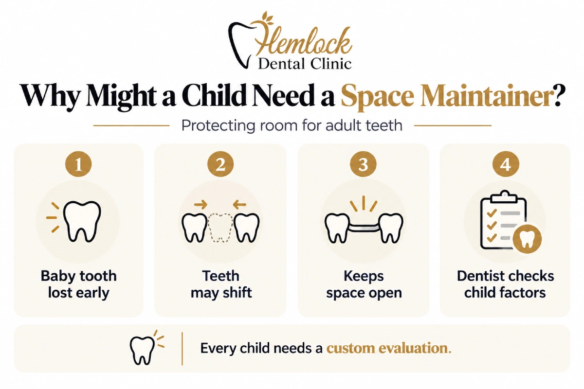 Why Children Need Space Maintainers infographic showing how early baby tooth loss can affect permanent teeth and why dentists may recommend holding the space