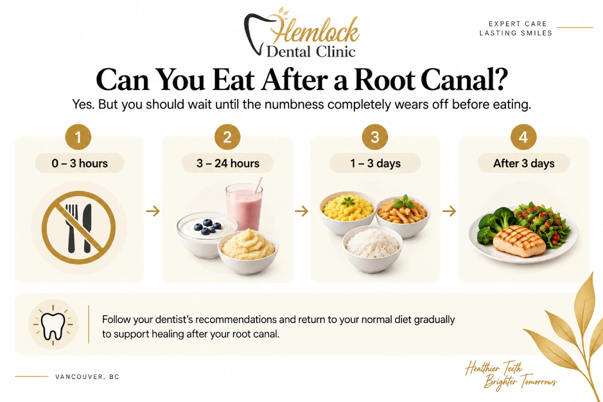 Root Canal After Care infographic showing when to eat after a root canal, including the waiting period, safe soft foods, and gradual return to a normal diet
