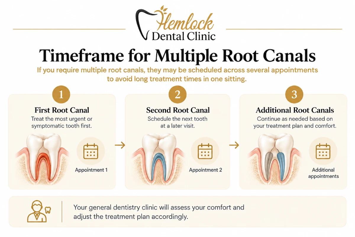 Root Canal Recovery Timeline infographic showing multiple root canal appointments, including first treatment, follow-up visits, and additional procedures based on patient comfort