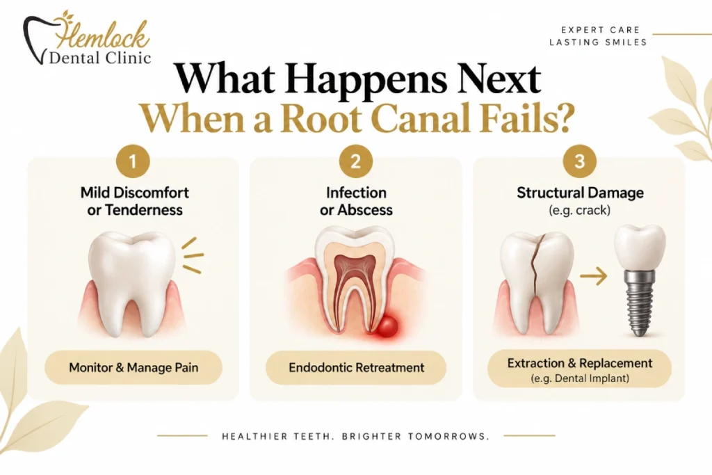Failed Root Canal Symptoms infographic showing mild discomfort, infection or abscess, and structural damage with possible treatment options