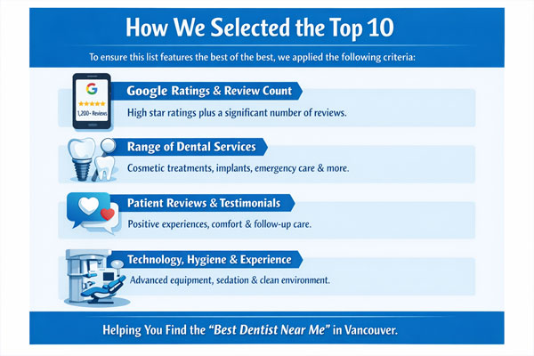 Infographic showing the selection criteria for the Best Dental Clinic in Vancouver, including Google ratings, range of dental services, patient reviews, and advanced technology and hygiene standards.