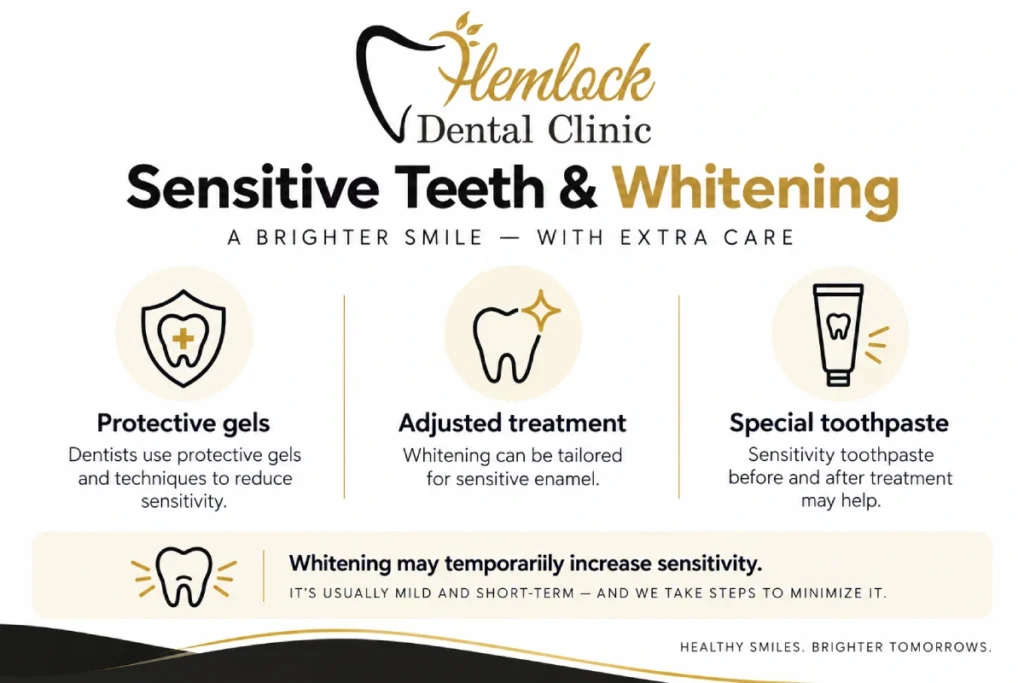 Is Teeth Whitening Bad for You infographic showing protective gels, adjusted whitening treatment, and sensitivity toothpaste for sensitive teeth