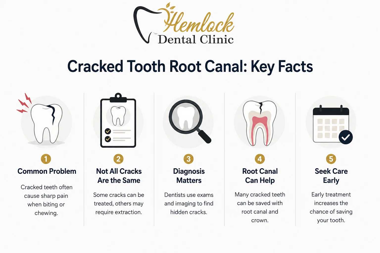 Cracked Tooth Root Canal infographic showing symptoms, diagnosis, treatment options, and the importance of early dental care