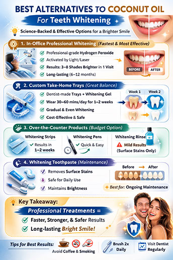 Does Coconut Oil Whiten Teeth? 4 Science-backed alternatives to coconut oil for teeth whitening, including in-office treatments, custom trays, and over-the-counter options.
