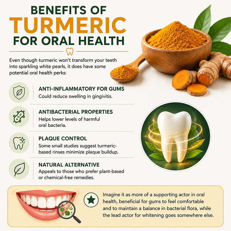Infographic showing potential oral health benefits of turmeric, including gum support, antibacterial effects, plaque control, and its use as a natural alternative.
