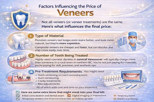 How Much Do Veneers Cost in BC & Vancouver? (2026 Complete Guide) 1 How much are veneers in BC? Learn the key factors that influence veneer pricing, from material type to the number of teeth treated.