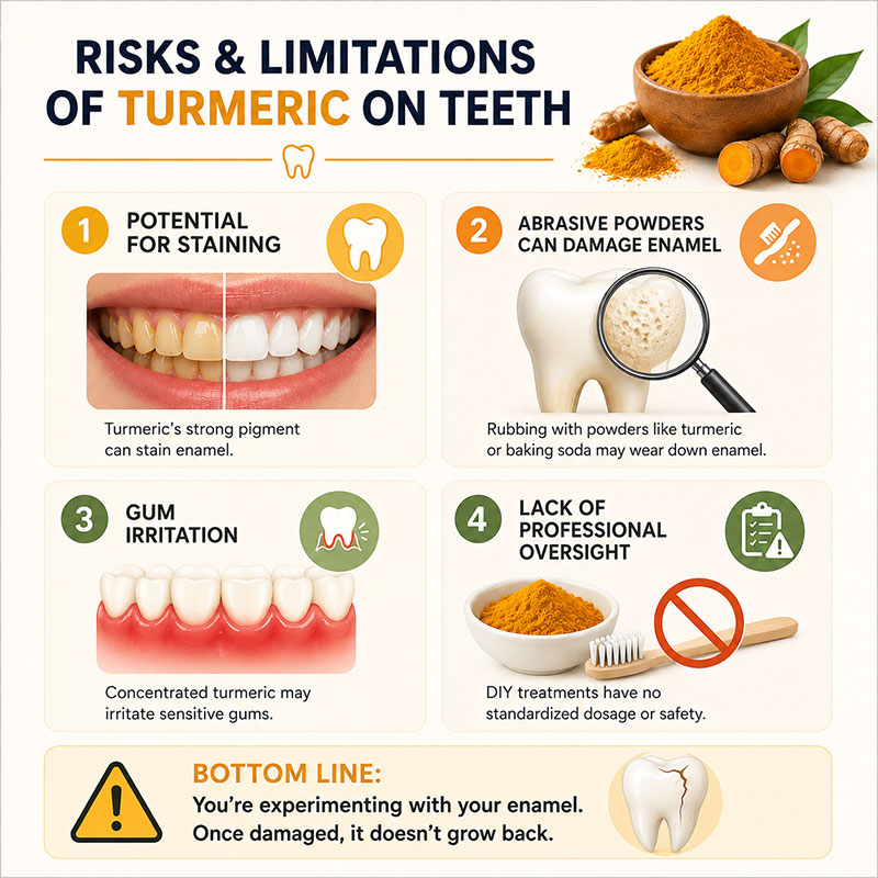 Infographic showing risks of using turmeric on teeth, including staining, enamel damage, gum irritation, and lack of professional supervision.