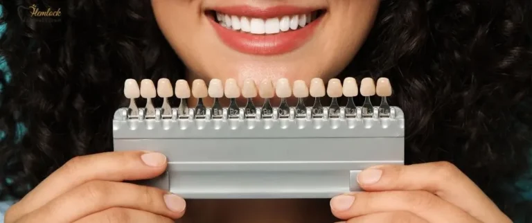 Close-up of woman holding veneer shade guide showing different tooth colors — how much are veneers in BC