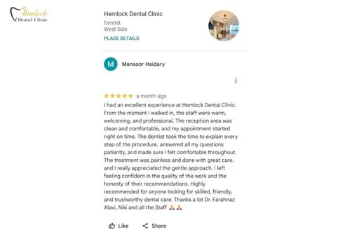 How Much Are Veneers in BC? Complete 2025 Guide to Costs, Types & Insurance Coverage 4 Google review from Hemlock Dental Clinic patient after veneer treatment in BC — how much are