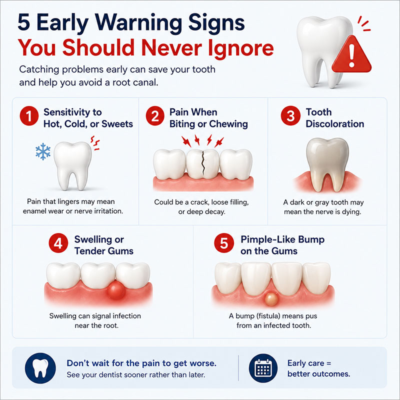 Dental infographic showing five early warning signs of tooth problems: lingering sensitivity, pain when chewing, tooth discoloration, swollen gums, and a gum bump.