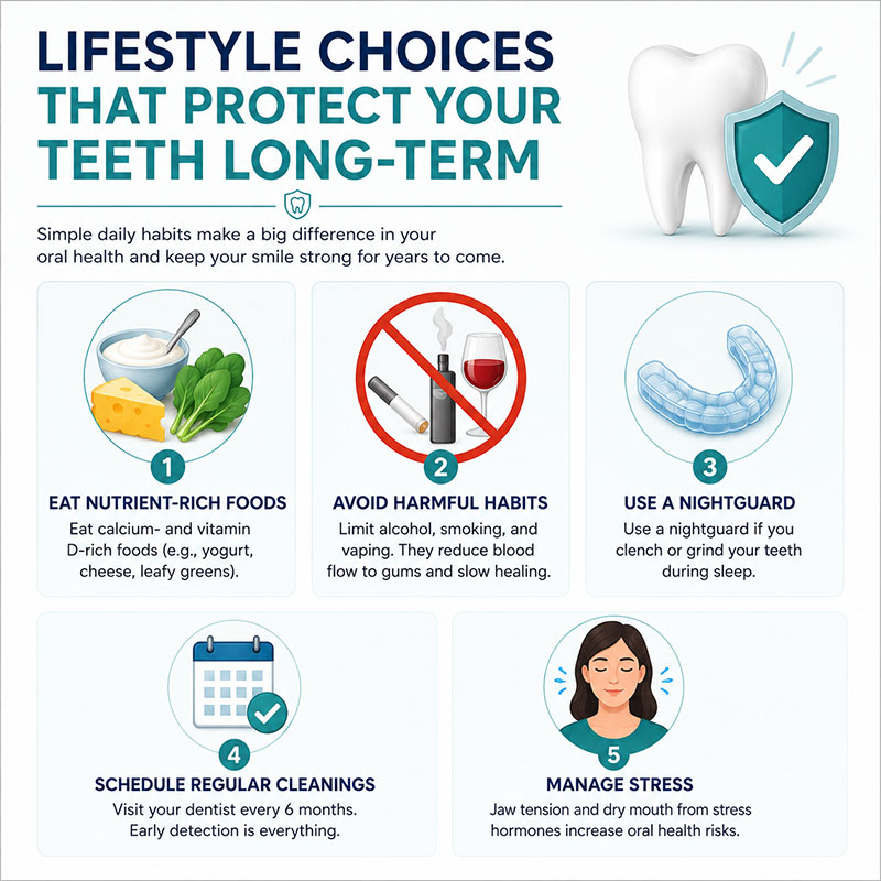 Dental health infographic showing habits that protect teeth long-term, including healthy foods, avoiding smoking and vaping, using a nightguard, regular cleanings, and stress management.