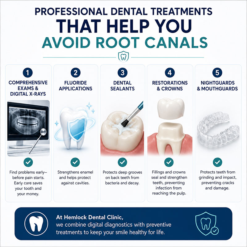 Infographic showing preventive dental treatments that may help avoid root canals, including exams, X-rays, fluoride, sealants, crowns, fillings, and mouthguards.