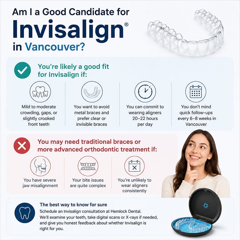 Invisalign candidate infographic showing who may be suitable for clear aligners and who may need traditional braces or advanced orthodontic treatment.