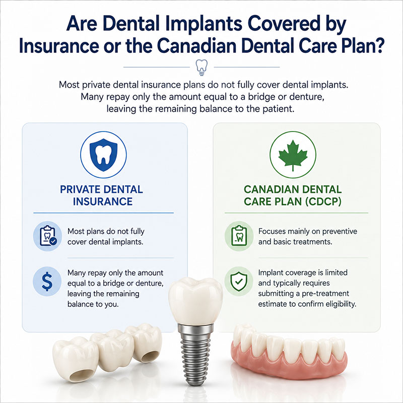 Infographic comparing dental implant coverage under private insurance and the Canadian Dental Care Plan, including limited coverage and pre-treatment eligibility requirements.