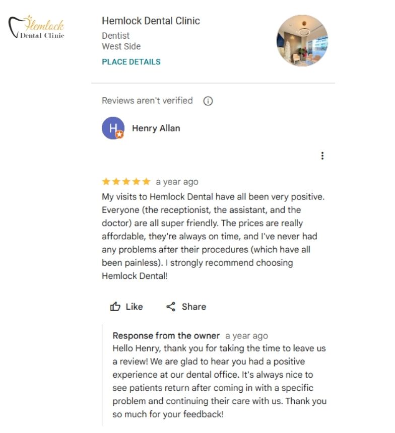 Dental Implant Cost Vancouver BC 2025 Complete Guide 4 Dental implant cost Vancouver BC review from a satisfied Hemlock Dental Clinic patient