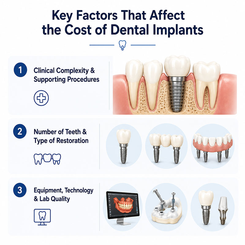 Infographic showing key factors that affect dental implant cost in Vancouver, including case complexity, number of teeth, restoration type, technology, and lab quality.