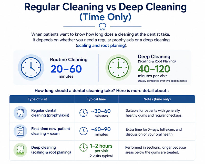 Dental cleaning duration depends on factors such as plaque buildup, gum health, and oral care needs.