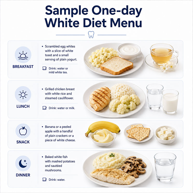 One-day white diet menu after teeth whitening with breakfast, lunch, snack, and dinner food suggestions.