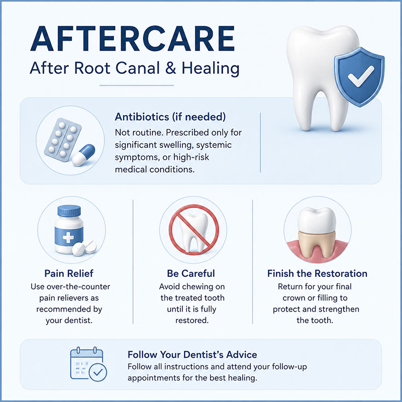 Root canal aftercare infographic showing antibiotics when needed, pain relief, avoiding chewing, and completing the final crown or filling.