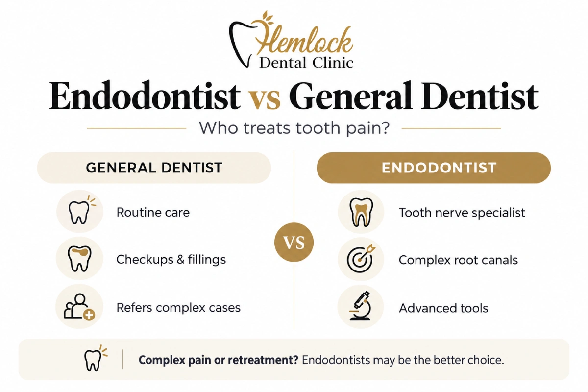 Endodontist vs General Dentist infographic comparing the roles of general dentists and endodontists, including routine dental care, complex root canal treatment, and specialized tools