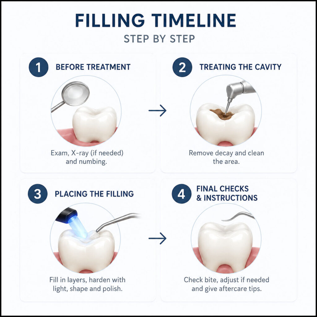 ooth filling timeline infographic showing exam and numbing, cavity cleaning, filling placement, and final bite check.