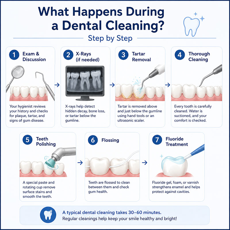 Dental cleaning steps infographic showing exam, X-rays, tartar removal, polishing, flossing, and fluoride treatment.