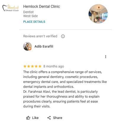 Google review for Hemlock Dental Clinic highlighting comprehensive services and expertise in full mouth reconstruction, dental implants, and advanced restorative dentistry.