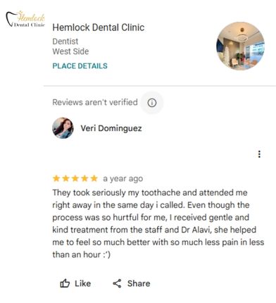 Can Tooth Decay Cause Headaches? 3 Google review from Veri Dominguez about toothache treatment at Hemlock Dental Clinic