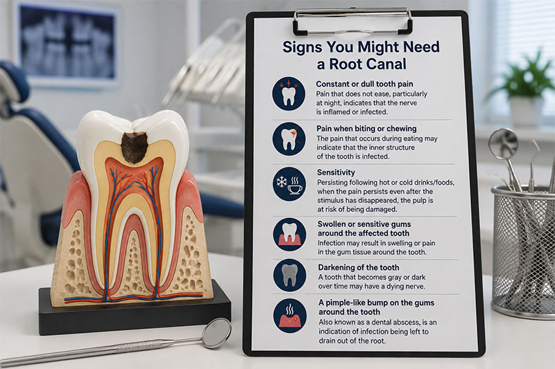 Signs you might need a root canal, shown with an infected tooth model and common root canal symptoms.
