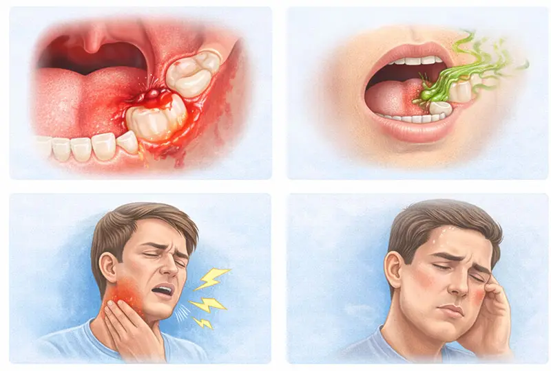 Do Wisdom Teeth Cause Sore Throats? Causes, Signs & When to See a Dentist 2 Illustrations showing infected wisdom tooth with swollen bleeding gums, bad taste discharge, one-sided throat pain, jaw pain, and facial swelling symptoms.