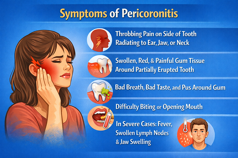 Pericoronitis symptoms infographic showing jaw pain, swollen gums, infection, and difficulty opening the mouth.