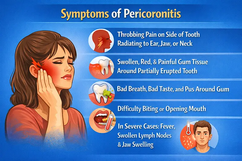 Impacted Wisdom Tooth Symptoms: Signs You Shouldn’t Ignore 2 Pericoronitis symptoms infographic showing jaw pain, swollen gums, infection, and difficulty opening the mouth.