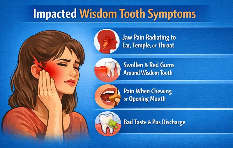 Impacted Wisdom Tooth Symptoms: Signs You Shouldn’t Ignore 1 Impacted wisdom tooth symptoms infographic showing jaw pain, swollen gums, chewing pain, and infection.