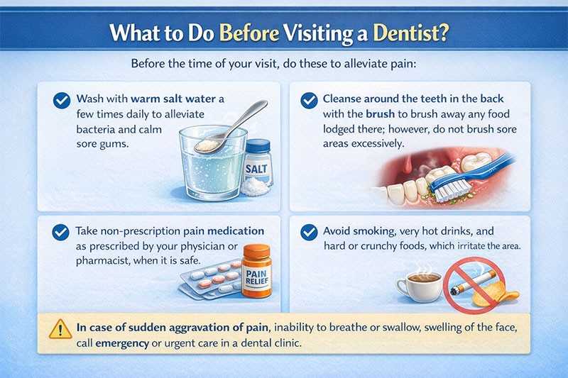 Infographic explaining what to do before visiting a dentist, including warm salt water rinse, gentle brushing around back teeth, pain medication guidance, avoiding smoking and hot drinks, and emergency warning signs.