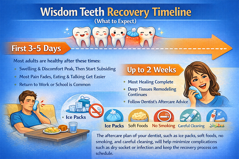 Wisdom teeth recovery timeline infographic showing healing stages from first 3–5 days to about two weeks with aftercare tips.
