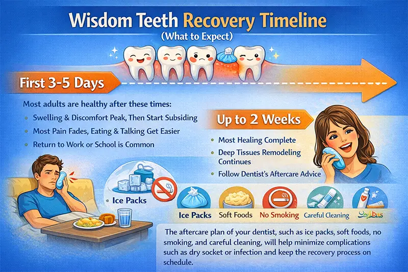 Impacted Wisdom Tooth Symptoms: Signs You Shouldn’t Ignore 3 Wisdom teeth recovery timeline infographic showing healing stages from first 3–5 days to about two weeks with aftercare tips.