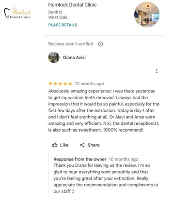 Google review from Diana Azizi praising painless wisdom teeth removal at Hemlock Dental Clinic in Vancouver.