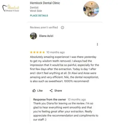 Do Wisdom Teeth Cause Sore Throats? Causes, Signs & When to See a Dentist 3 Google review from Diana Azizi praising painless wisdom teeth removal at Hemlock Dental Clinic in Vancouver.