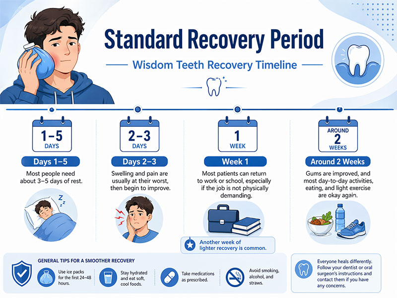A Day by Day Wisdom Teeth Recovery Timeline 1 Infographic showing a day by day wisdom teeth recovery timeline, including days 1–5, days 2–3, week 1, and around 2 weeks with healing milestones and recovery tips