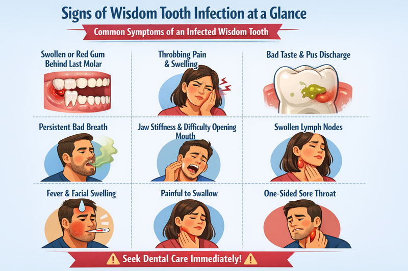 Is Your Wisdom Tooth Infection Getting Worse? Signs You Shouldn’t Ignore 2 Infographic about wisdom tooth infection emergency warning signs, including rapidly increasing swelling in the jaw, cheek, or neck, high fever and chills, difficulty swallowing, speaking, or breathing, severe constant pain not relieved by over-the-counter medication, and swelling that makes it hard to open the mouth or close the teeth together