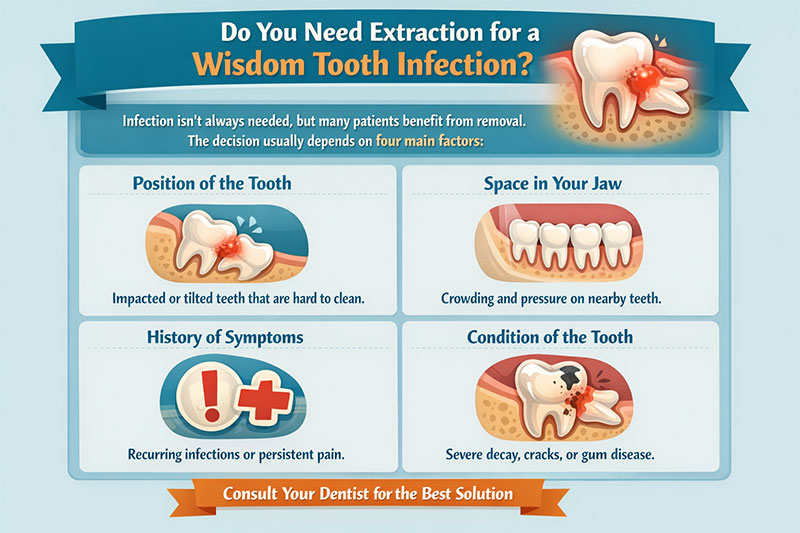 Is Your Wisdom Tooth Infection Getting Worse? Signs You Shouldn’t Ignore 3 Infographic explaining whether extraction is needed for wisdom tooth infection, showing four factors: tooth position, jaw space, symptom history, and tooth condition with illustrations of infected wisdom teeth.