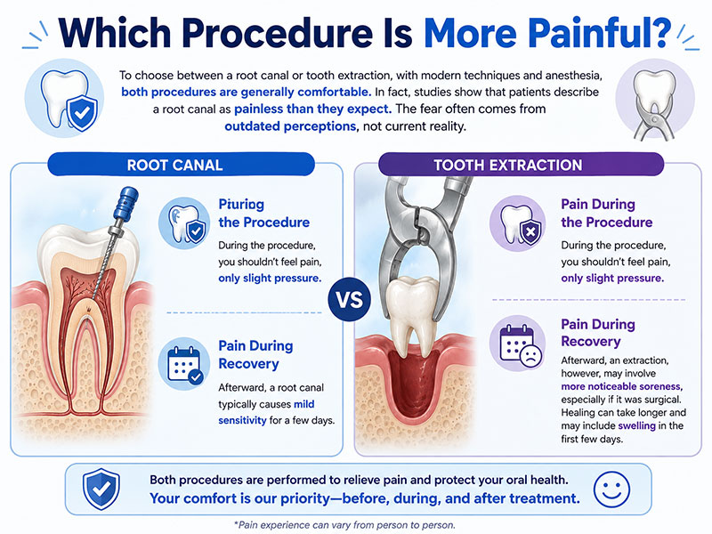 Extract tooth vs Root Canal: Which Should You Choose? 2 Extract tooth vs root canal pain comparison infographic showing recovery and procedure discomfort