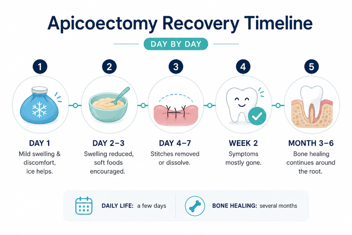 Infographic showing the apicoectomy recovery timeline in Vancouver, including day 1 swelling, days 2–3 soft foods, days 4–7 stitch removal, week 2 symptom relief, and bone healing over months 3–6.